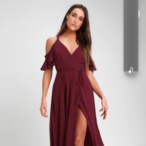 Lulu's - Easy Listening Burgundy Cold-Shoulder Wrap Maxi Dress